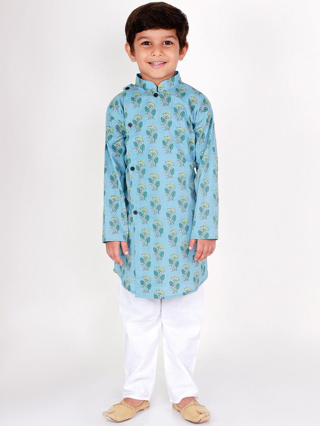 the mom store boys blue & white floral printed pure cotton kurta with pyjamas