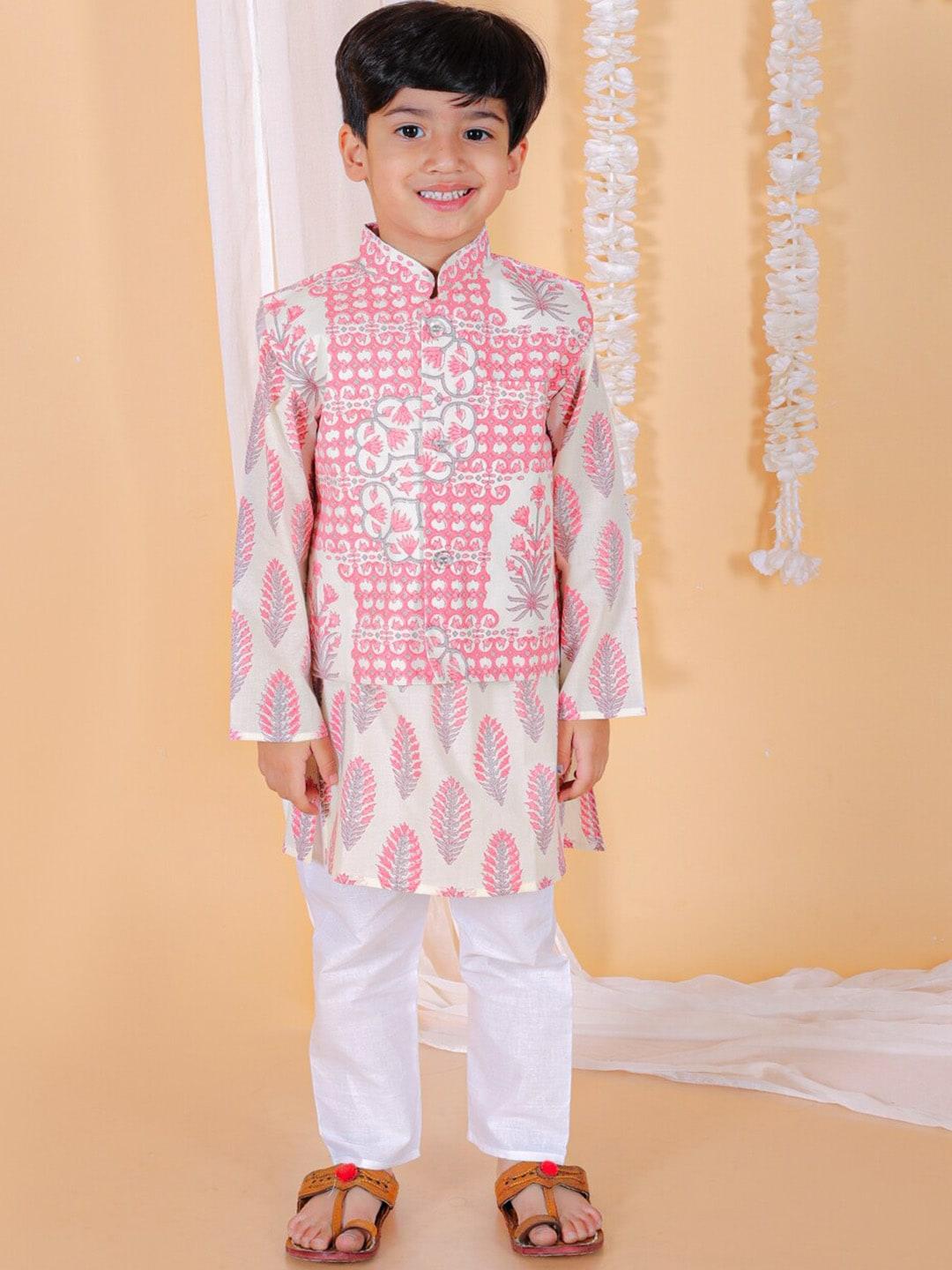 the mom store boys ethnic motifs printed pure cotton kurta with pyjamas & nehru jacket