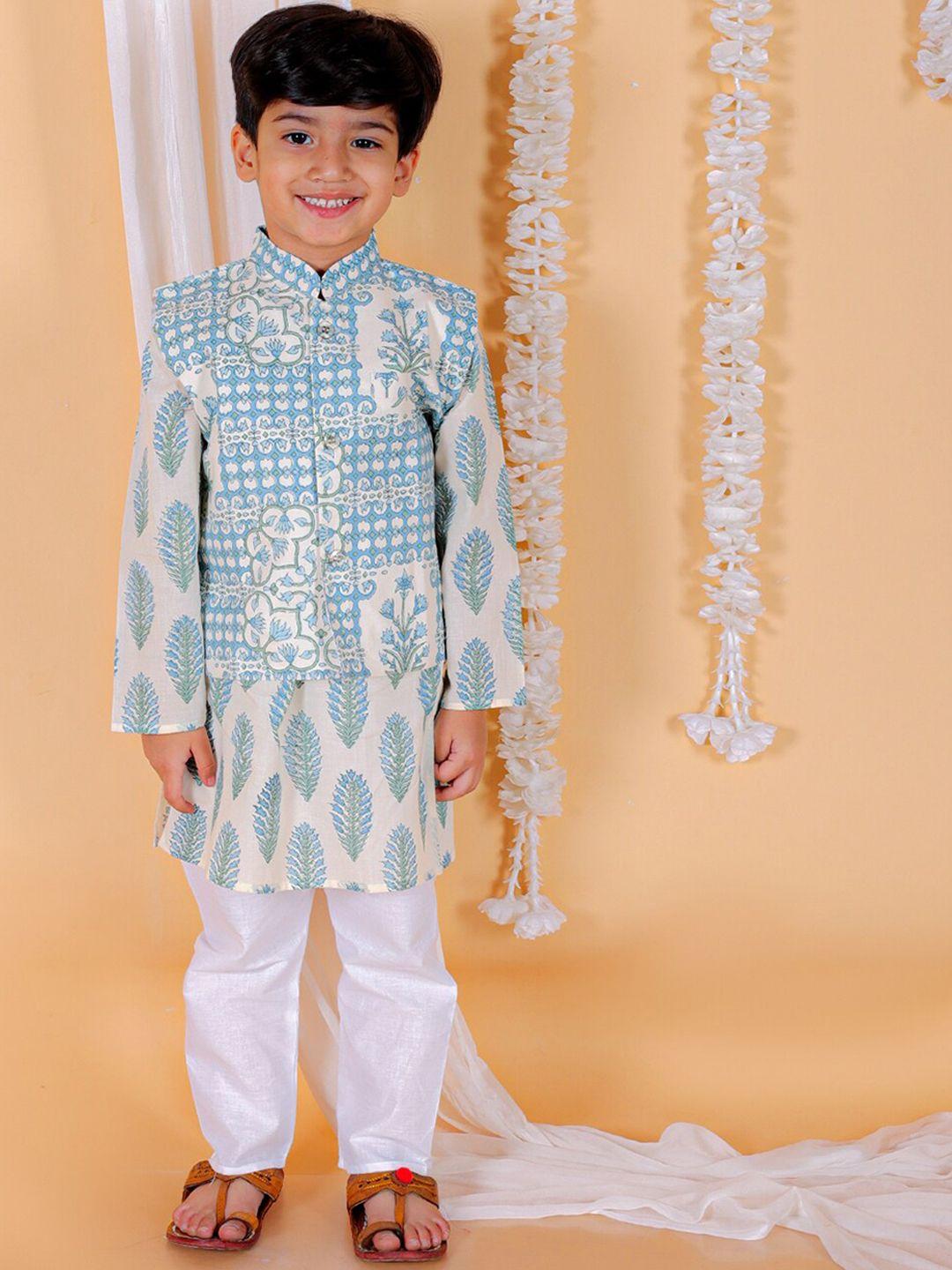 the mom store boys ethnic motifs printed pure cotton kurta with pyjamas & nehru jacket