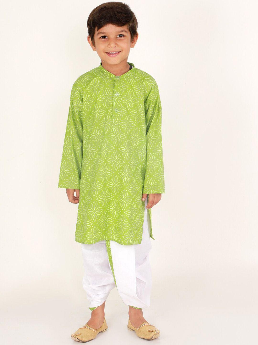 the mom store boys green bandhani printed pure cotton kurta with dhoti pants