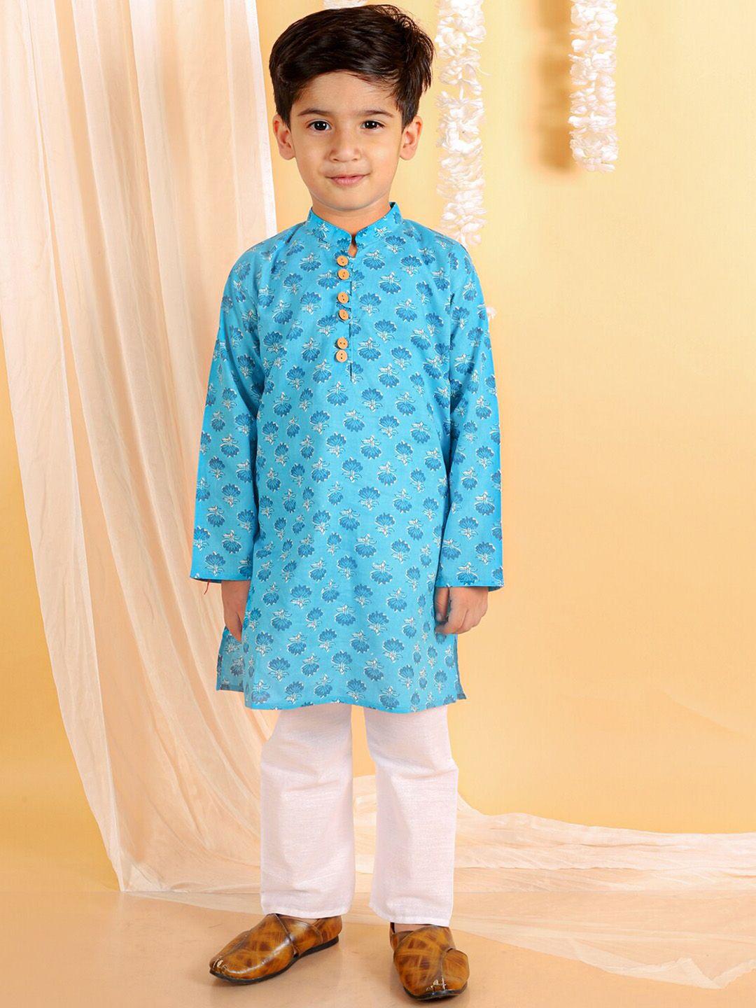 the mom store boys mandarin collar floral printed regular pure cotton kurta with pyjamas