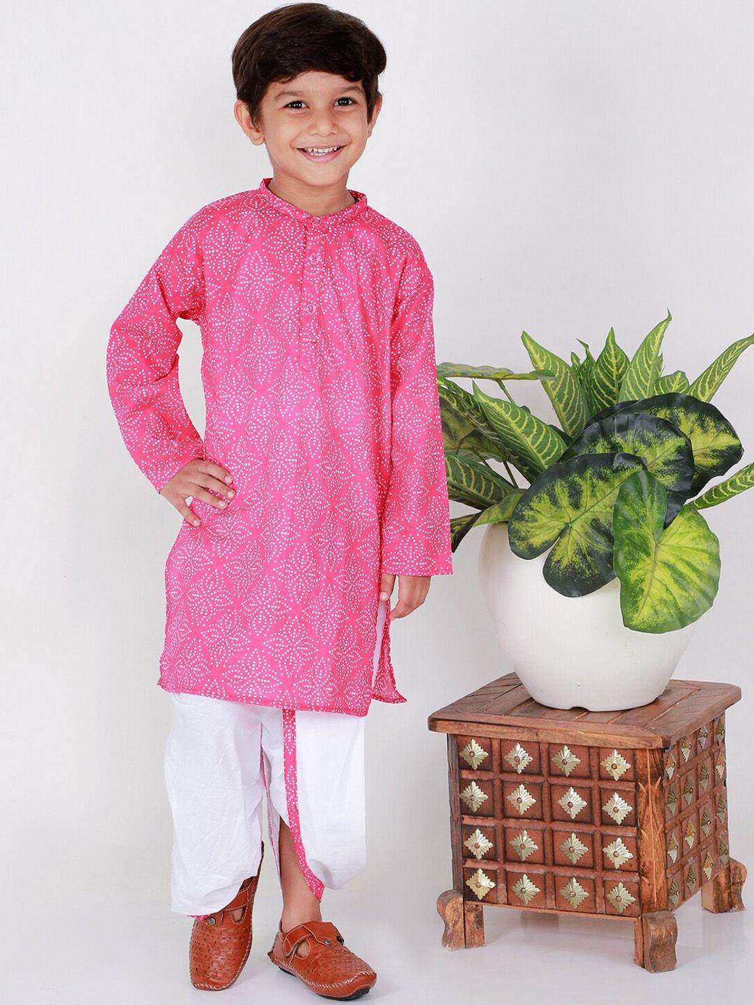 the mom store boys pink bandhani printed pure cotton kurta with dhoti pant