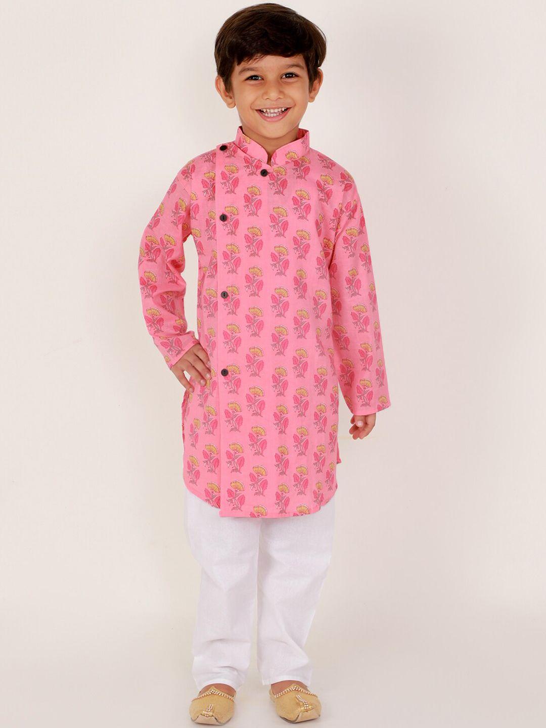 the mom store boys pink floral printed pure cotton kurta with pyjamas