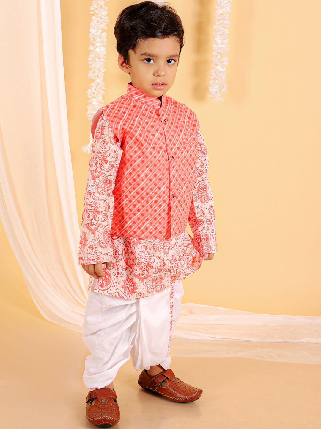 the mom store boys red ethnic motifs printed regular pure cotton kurta with dhoti pants