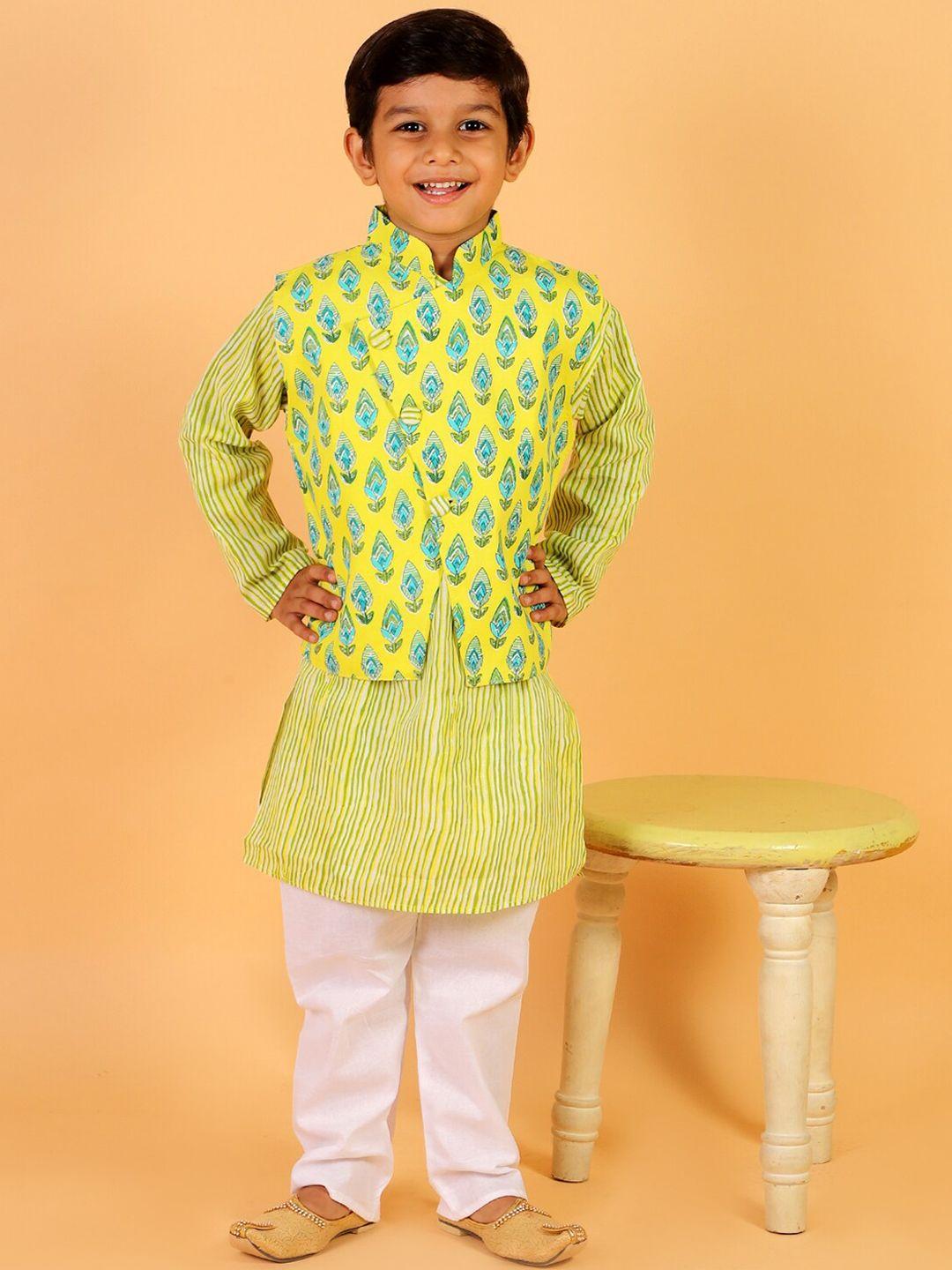 the mom store boys striped pure cotton kurta with pyjamas & nehru jacket
