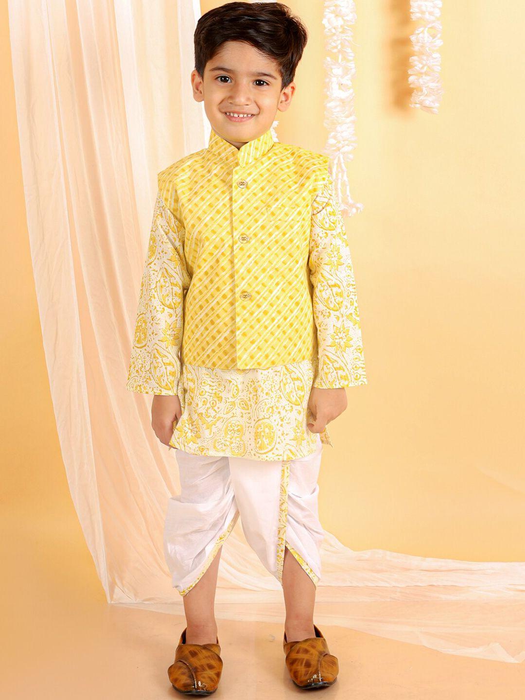 the mom store boys yellow ethnic motifs printed regular pure cotton kurta with dhoti pants