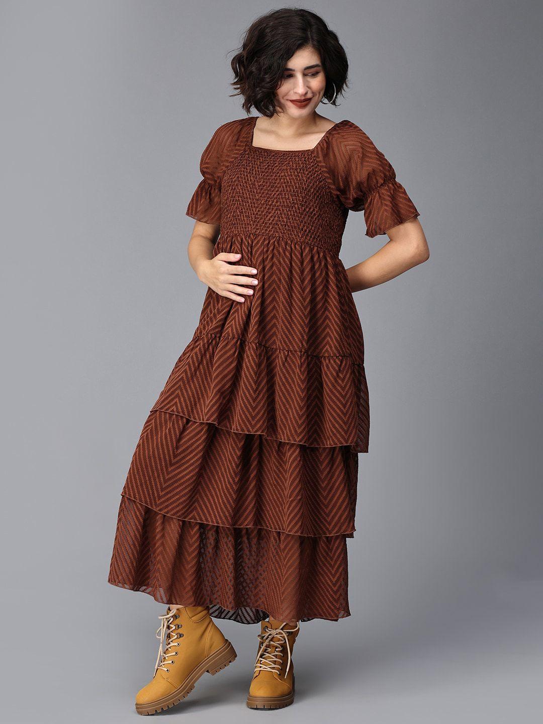 the mom store brown print flared sleeve georgette maxi dress
