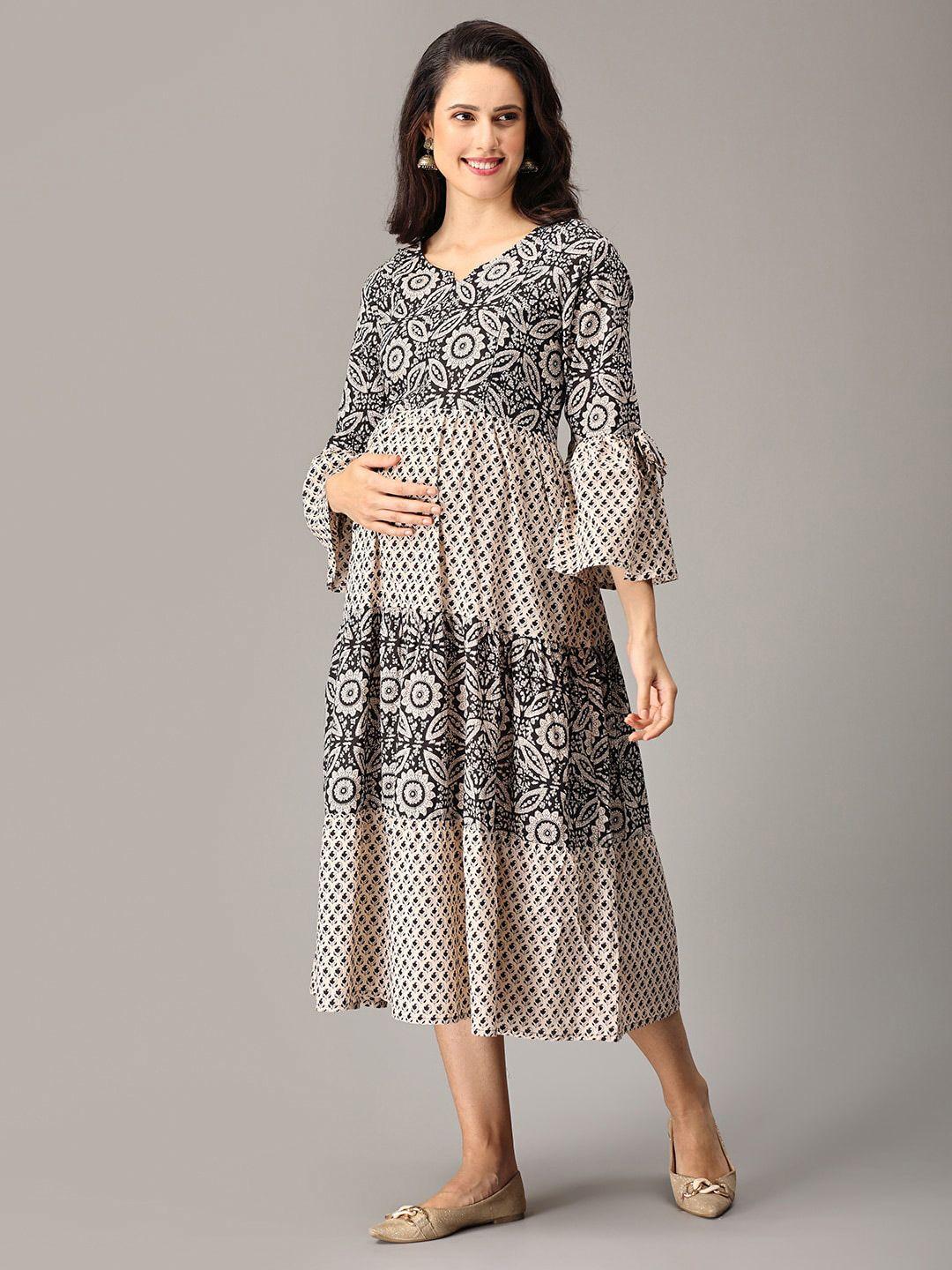 the mom store ethnic motifs printed bell sleeve maternity cotton a-line midi dress