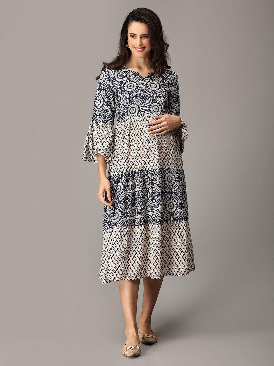 the mom store ethnic motifs printed bell sleeve maternity cotton a-line midi dress