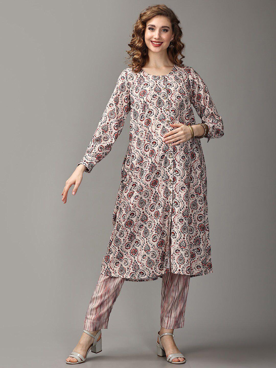 the mom store ethnic motifs printed maternity pure cotton a-line kurta with trousers