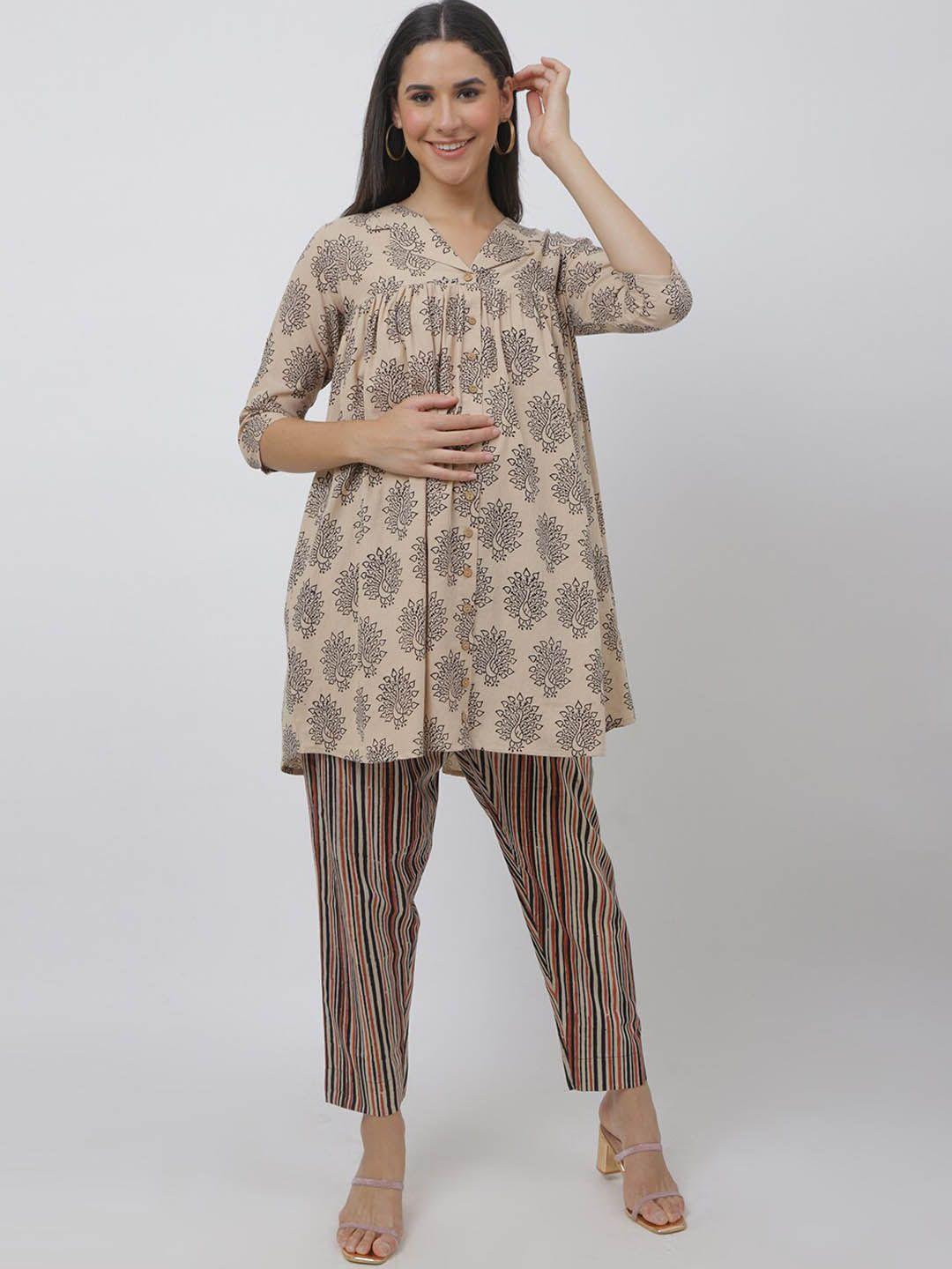 the mom store ethnic motifs printed pure cotton maternity kurta with trousers