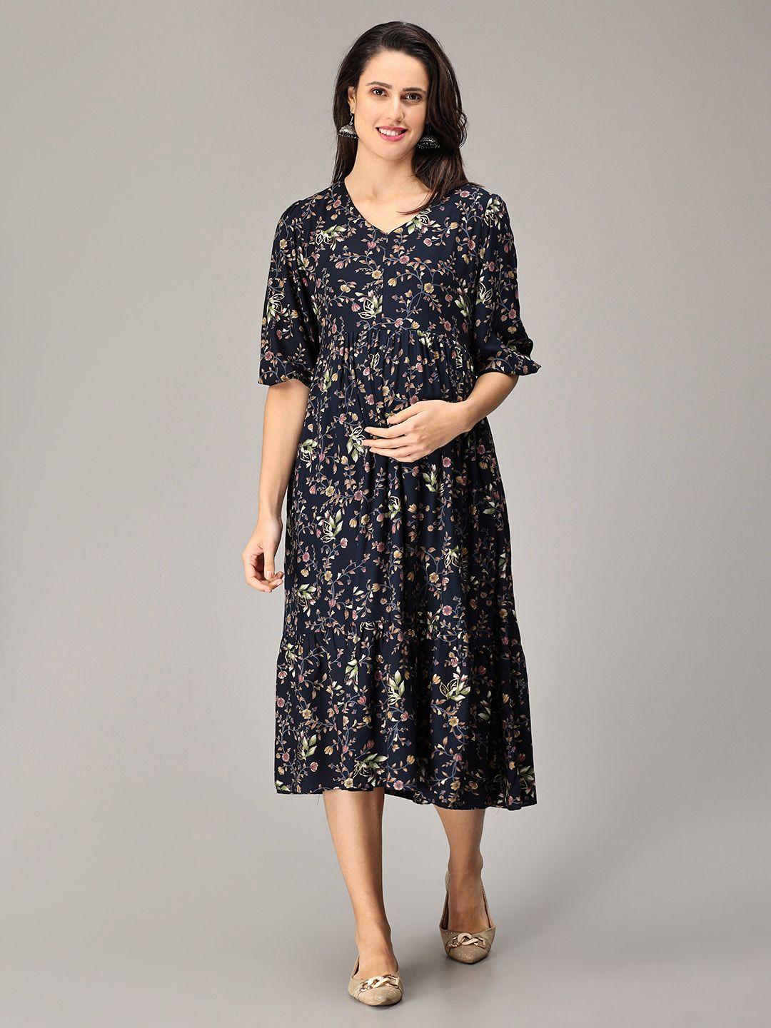 the mom store floral print puff sleeve cotton maternity a-line midi dress