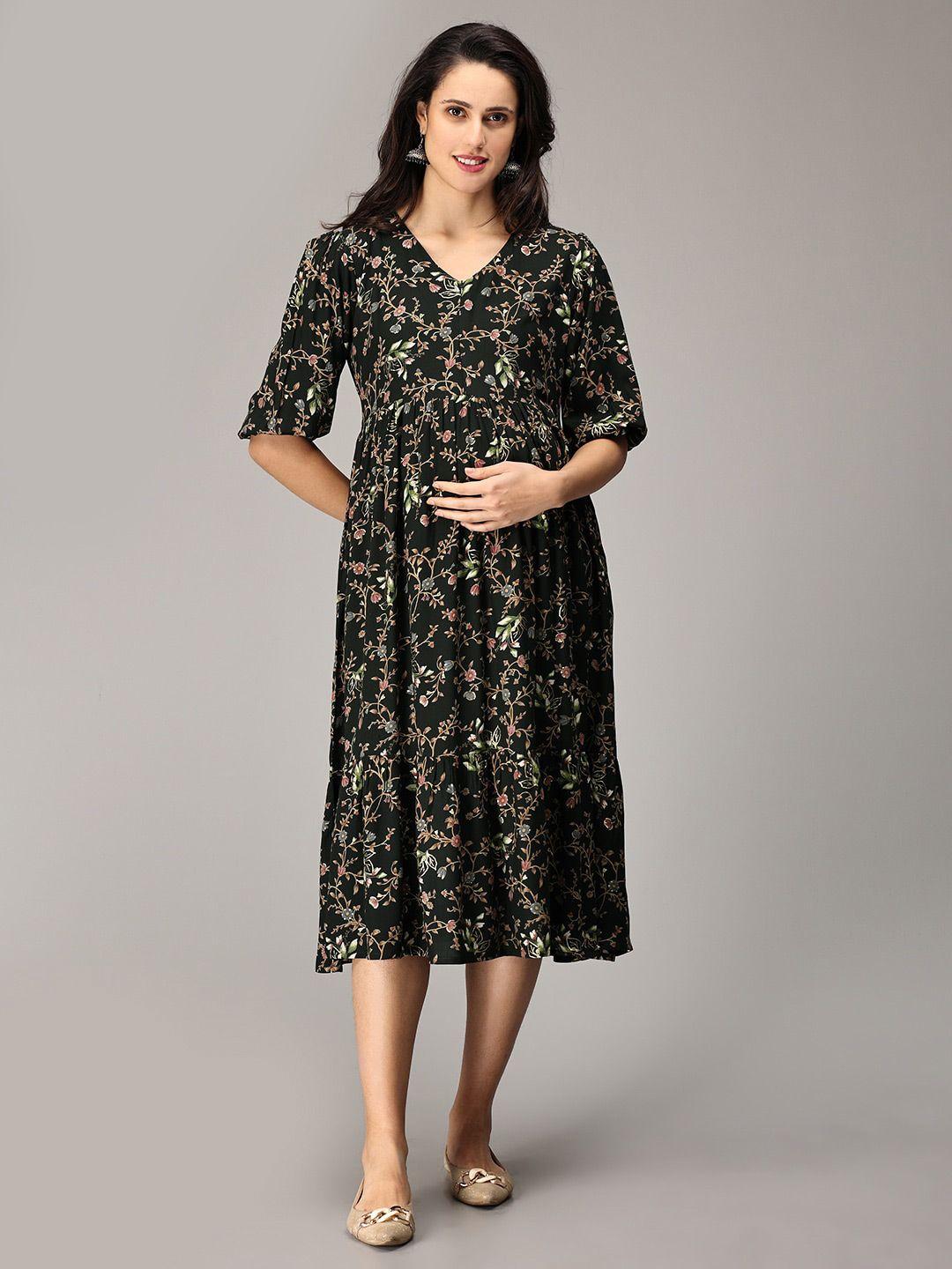 the mom store floral print puff sleeve cotton maternity a-line midi dress