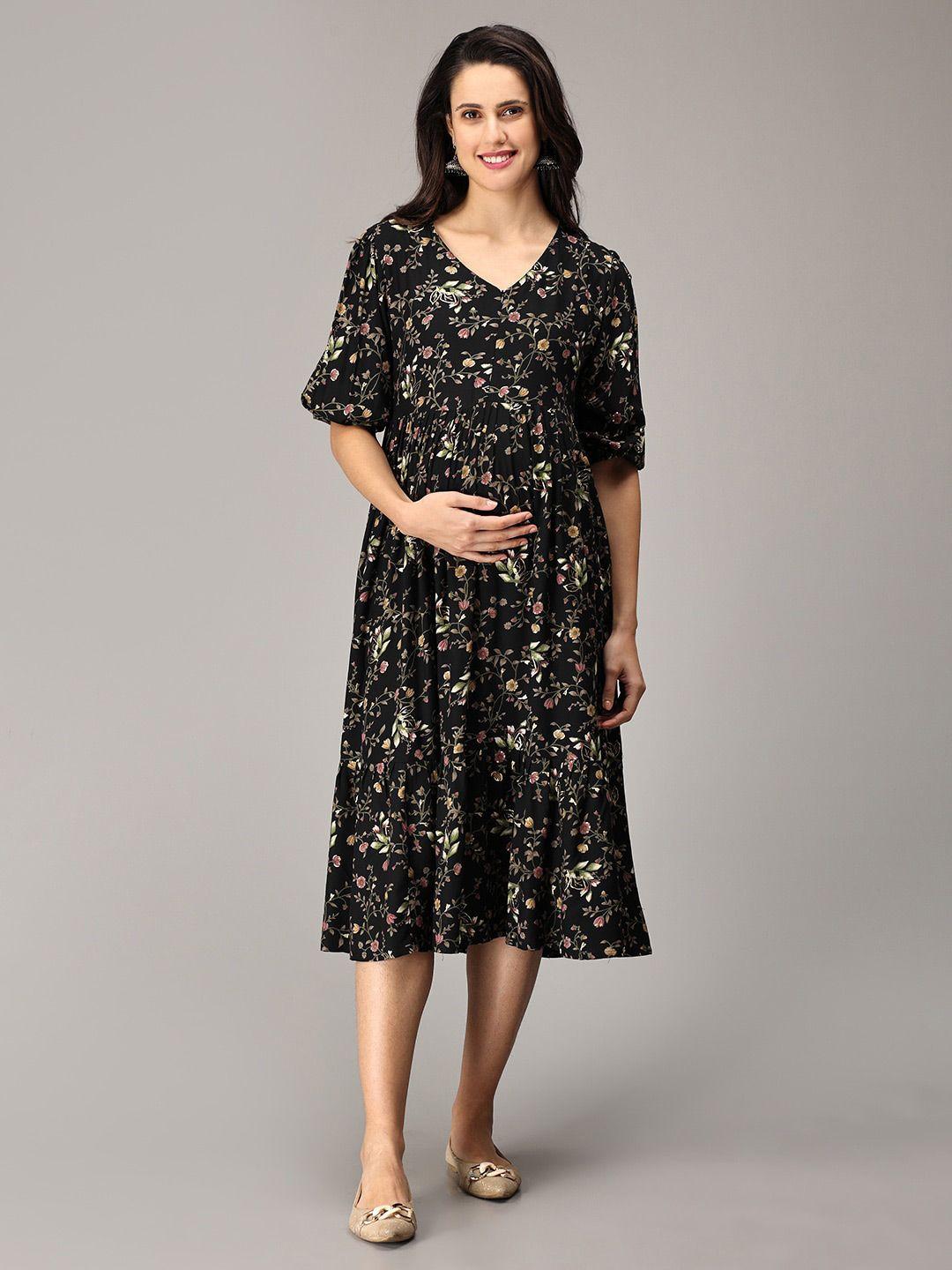 the mom store floral print puff sleeve cotton maternity a-line midi dress