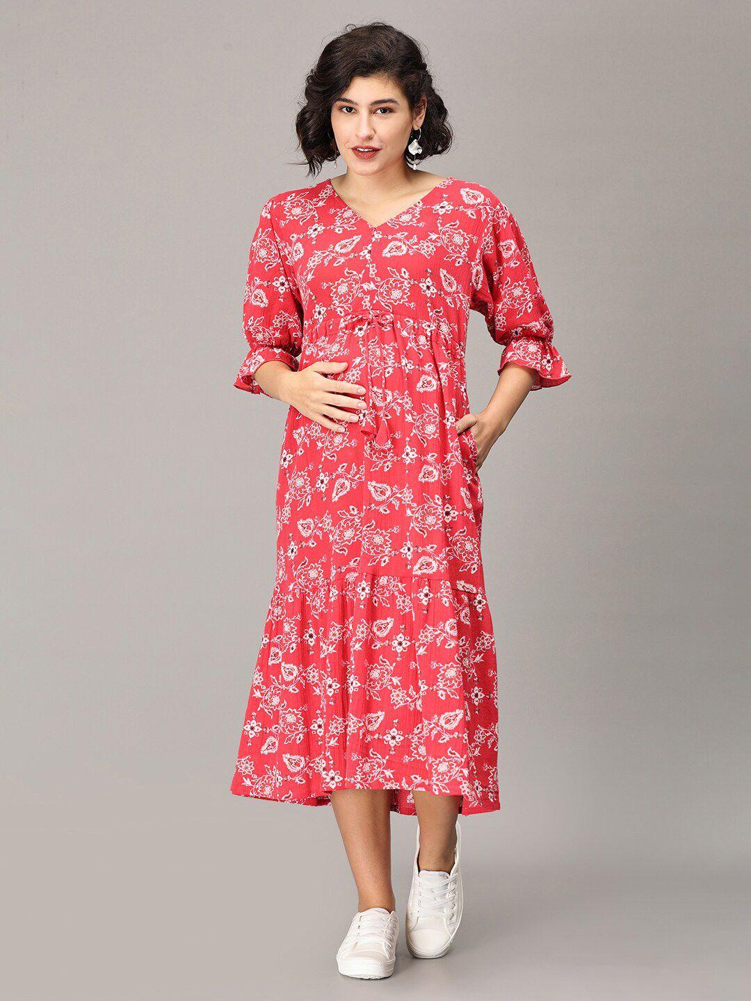 the mom store floral printed a-line cotton midi maternity dress