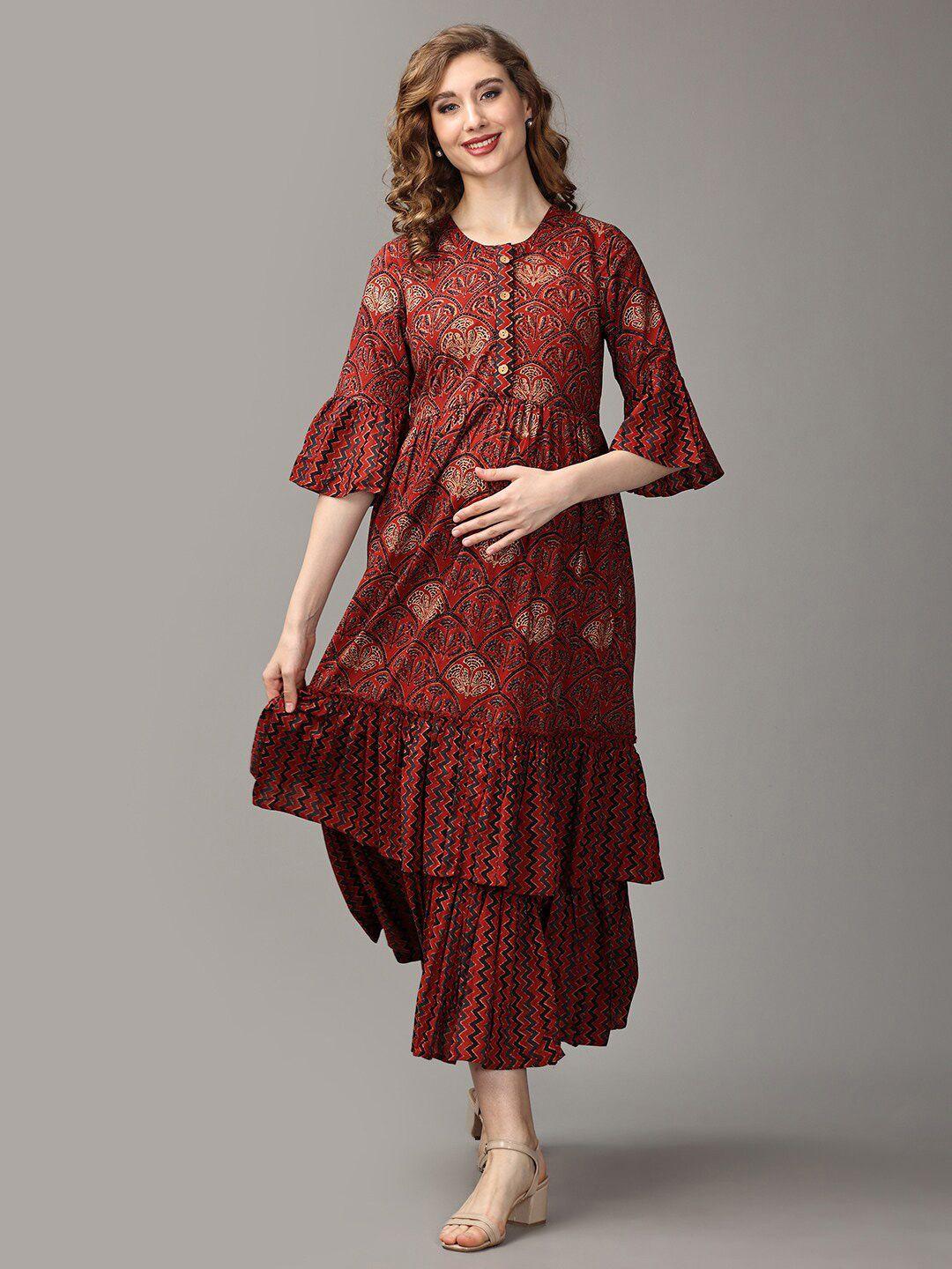 the mom store floral printed cotton bell sleeve a-line maternity dress