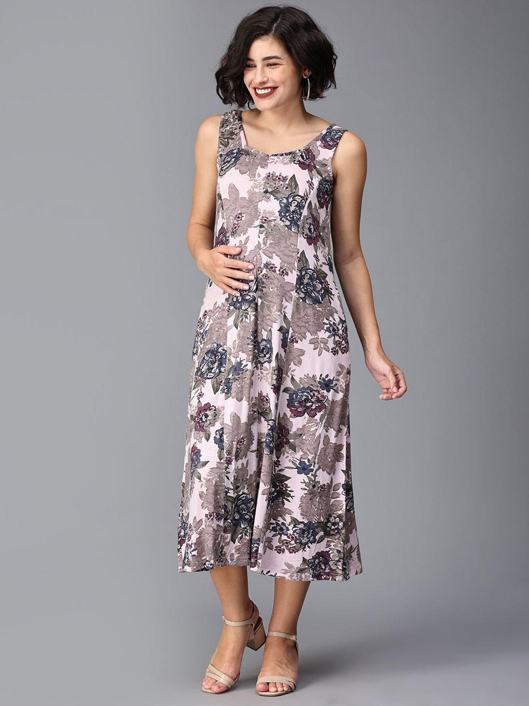 the mom store floral printed cotton maternity fit & flare midi dress