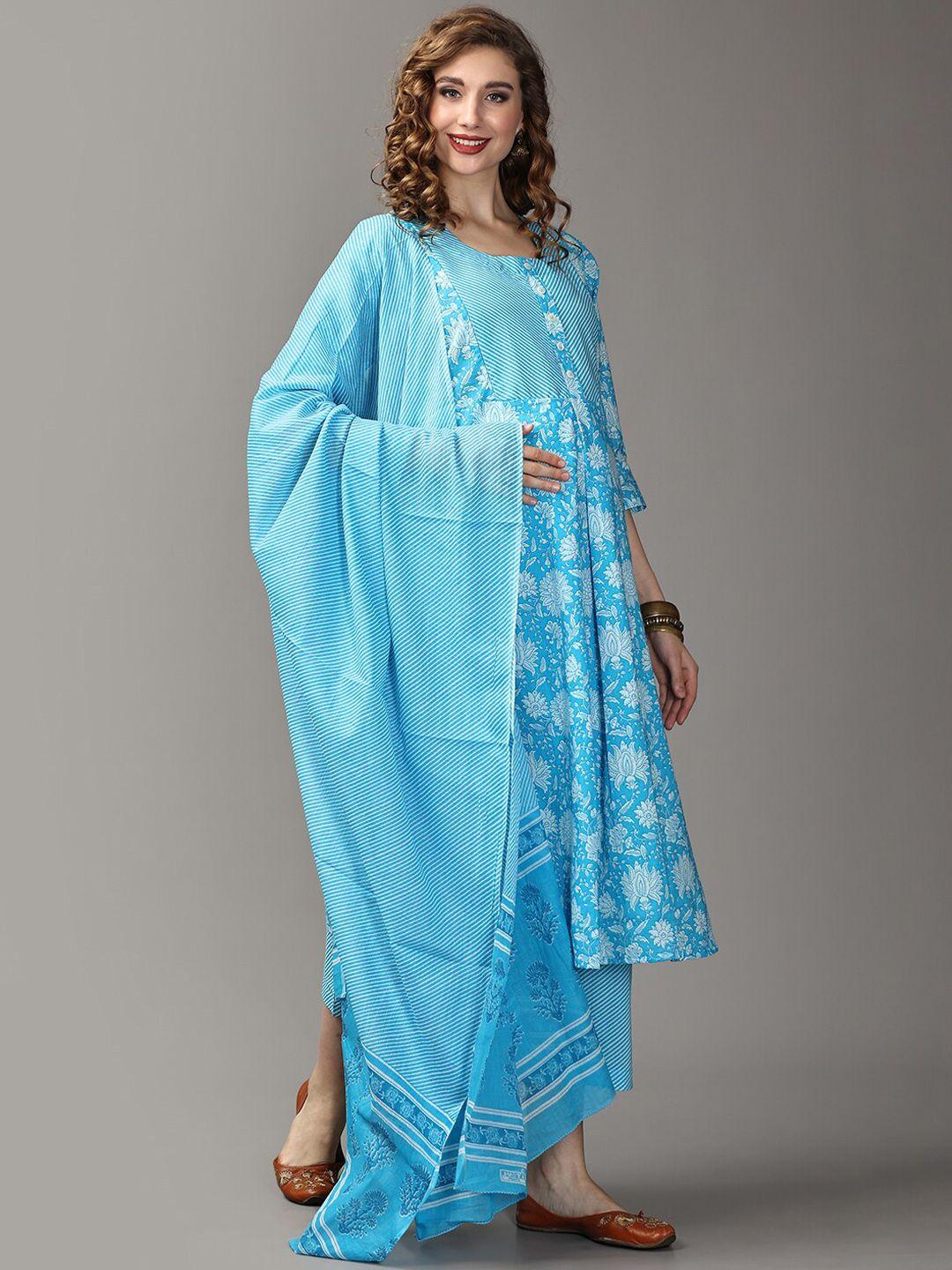 the mom store floral printed pure cotton a-line maternity kurta with palazzos & dupatta