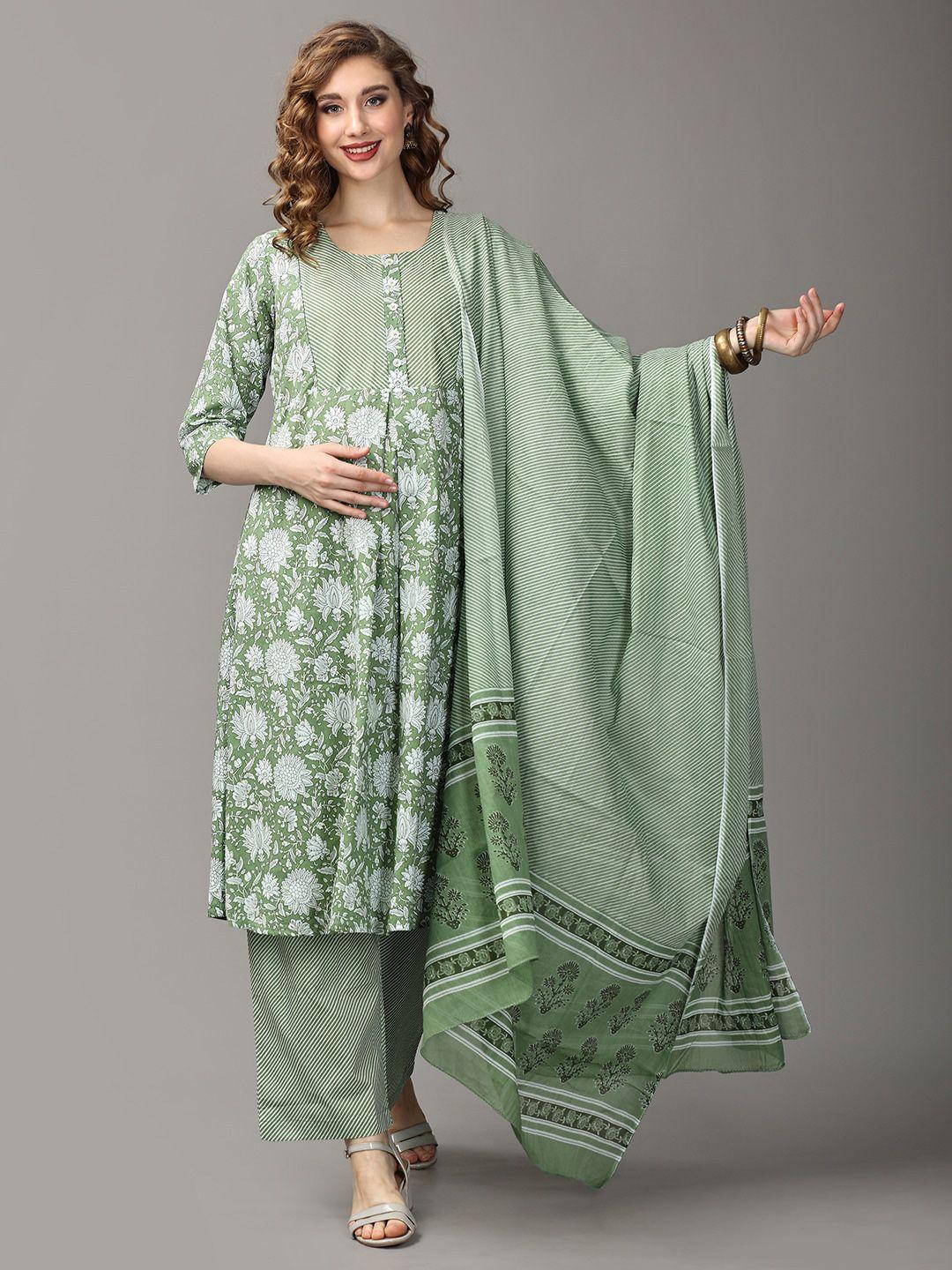the mom store floral printed pure cotton maternity kurta & trousers with dupatta