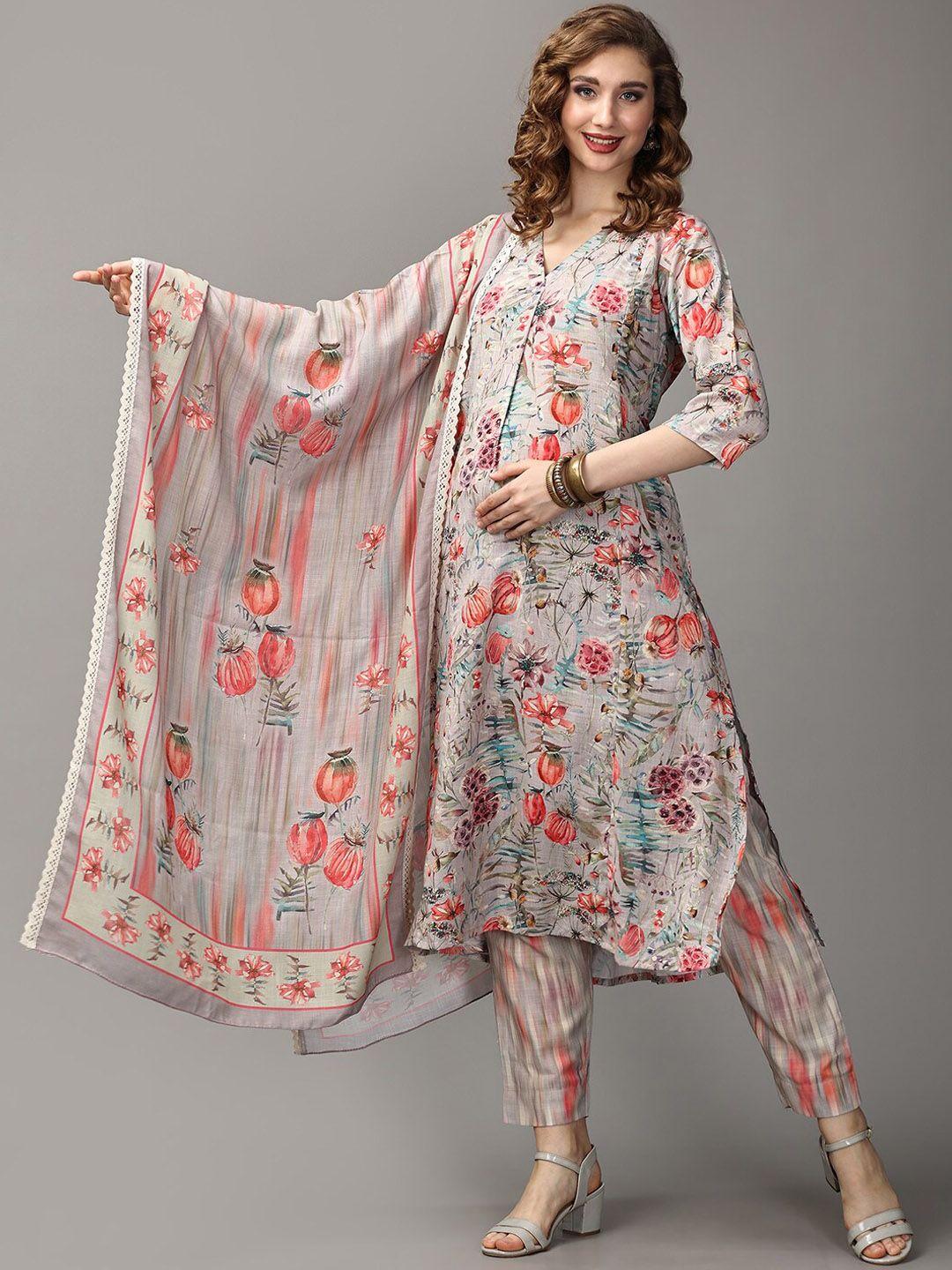 the mom store floral printed pure cotton maternity straight kurta with trousers & dupatta