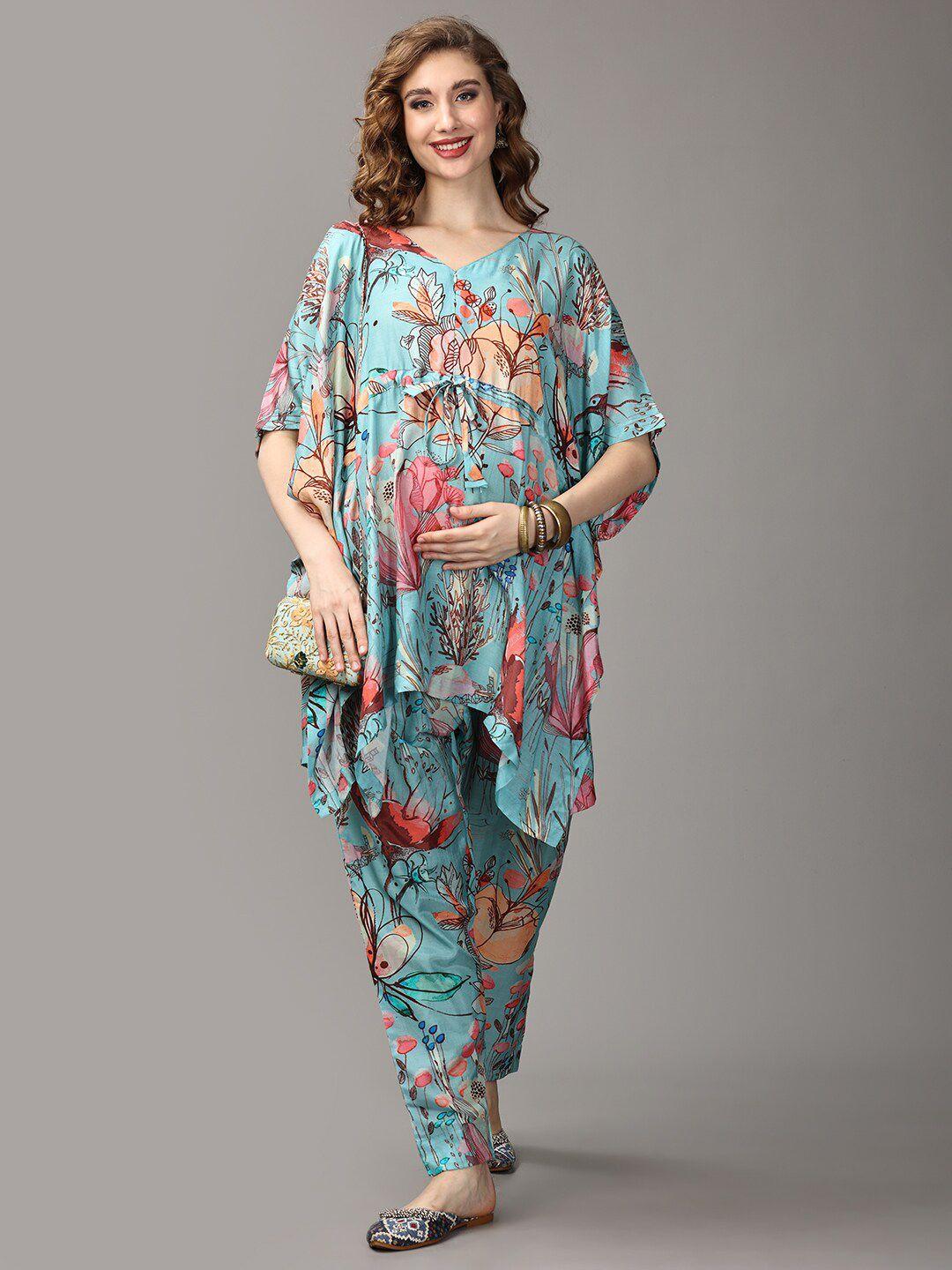 the mom store floral printed pure silk maternity & nursing tunic & trouser co-ords