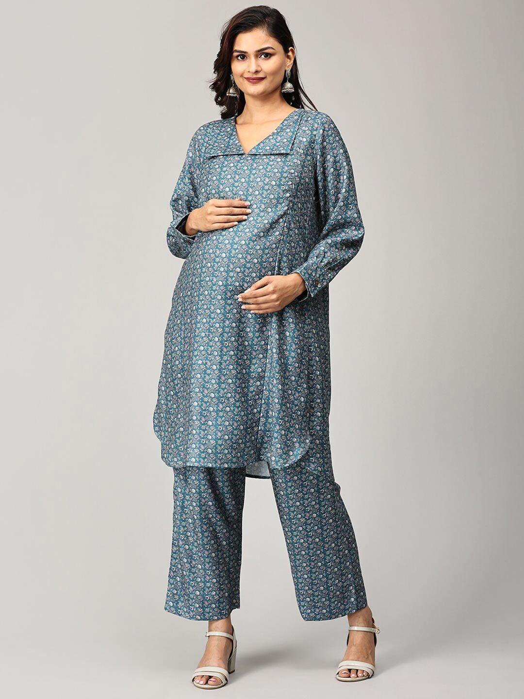 the mom store floral printed regular pure cotton maternity kurta with palazzos