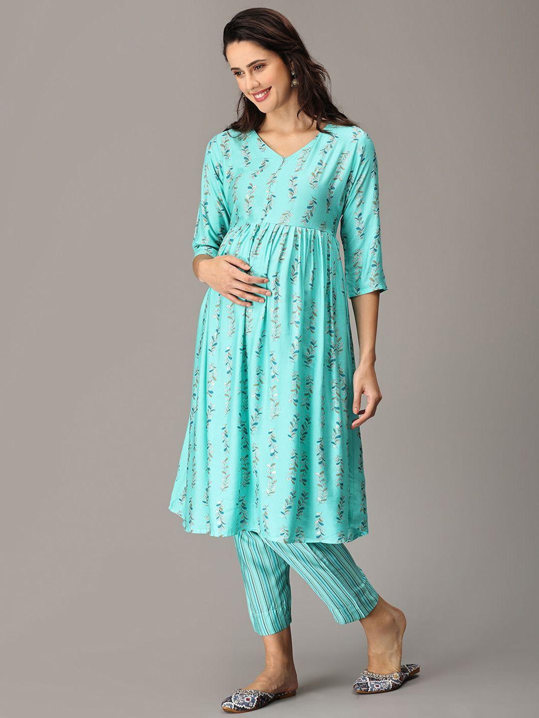 the mom store floral printed v-neck a-line pleated maternity pure cotton kurta set