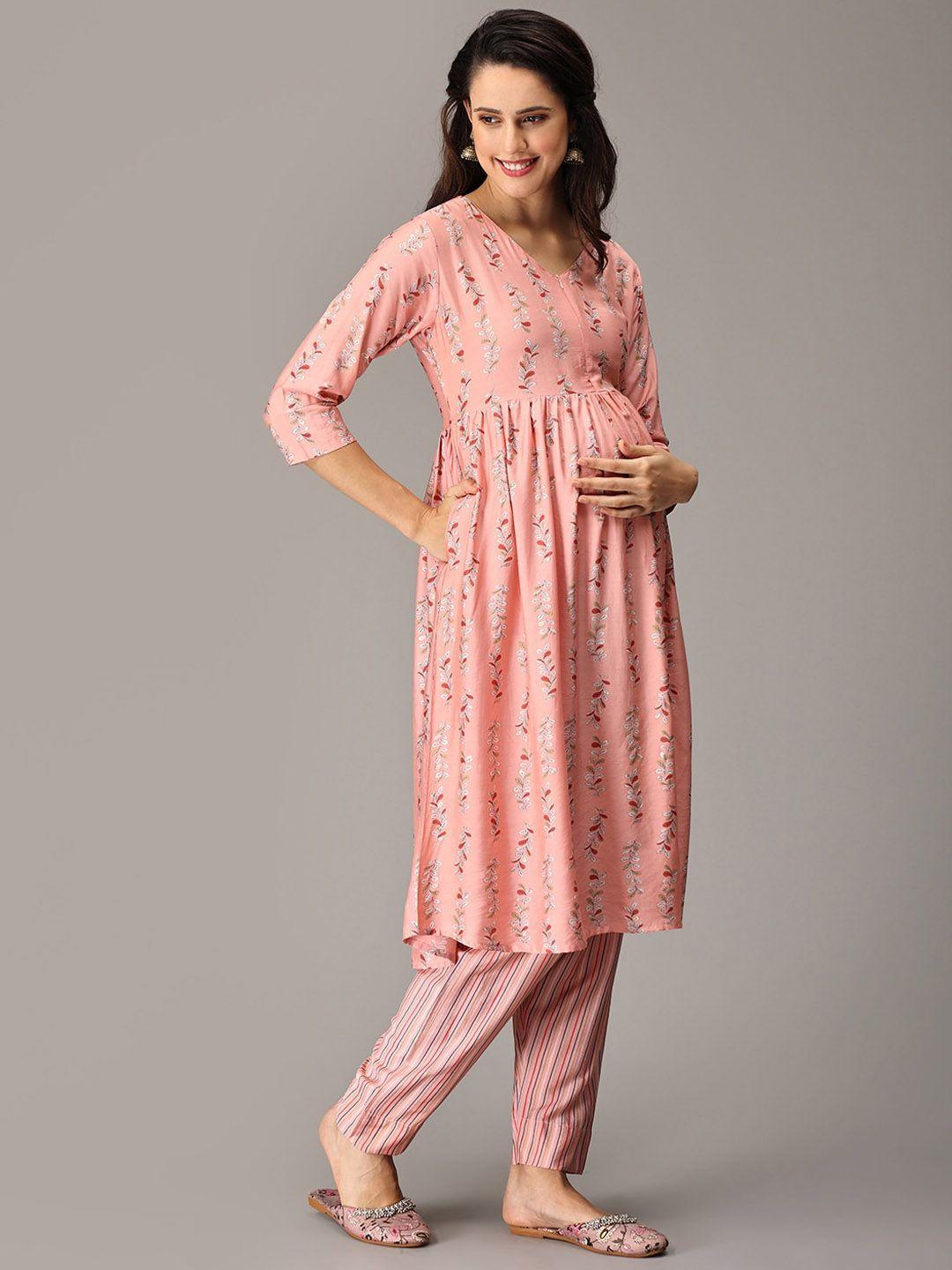 the mom store floral printed v-neck a-line pleated maternity pure cotton kurta set