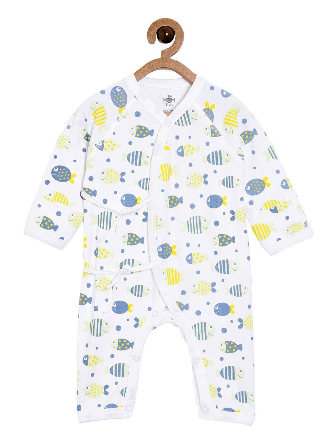 the mom store infant kids white & blue printed pure organic cotton rompers
