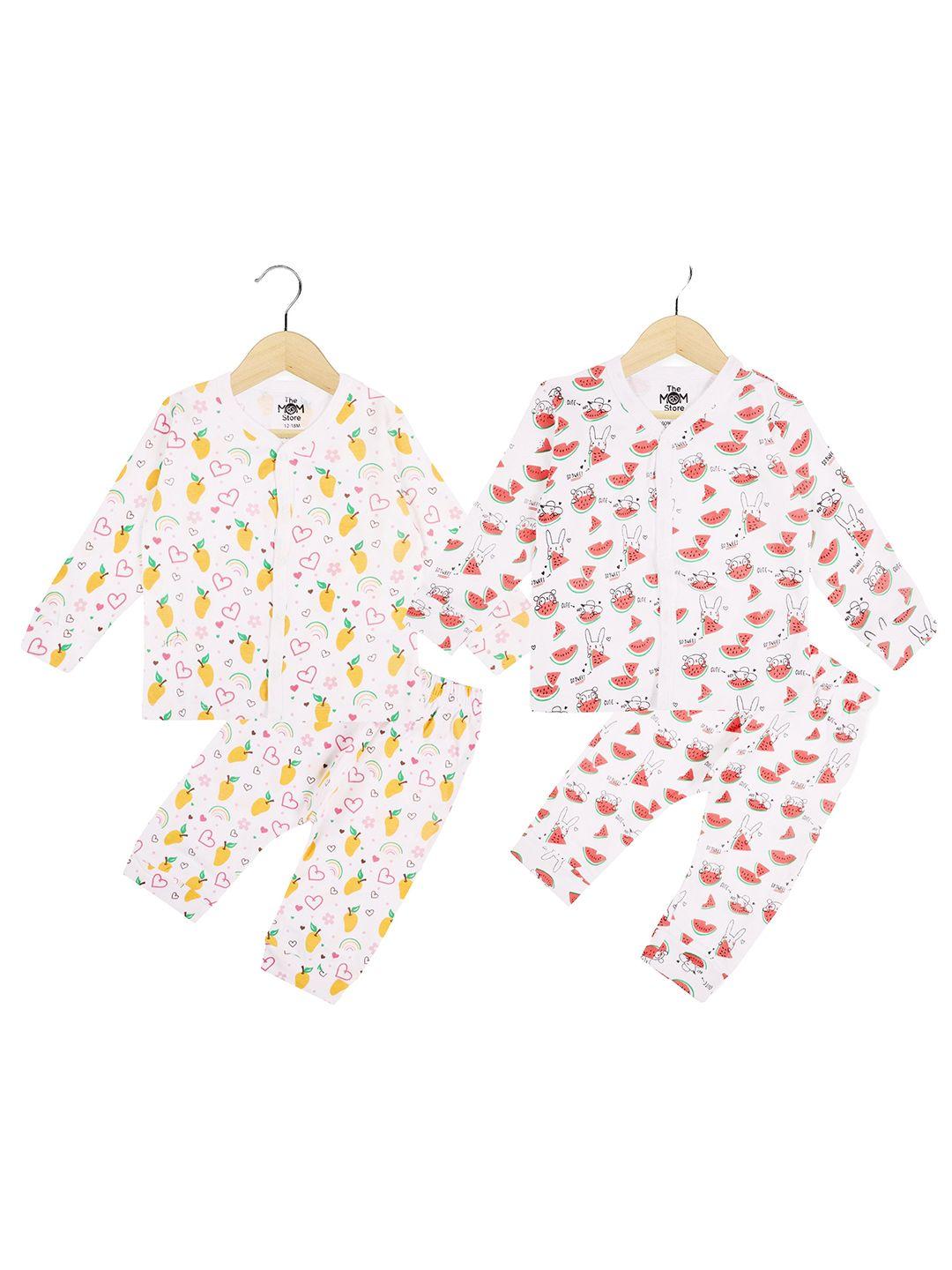 the mom store infants pack of 2 white printed pure cotton jhabla with trousers
