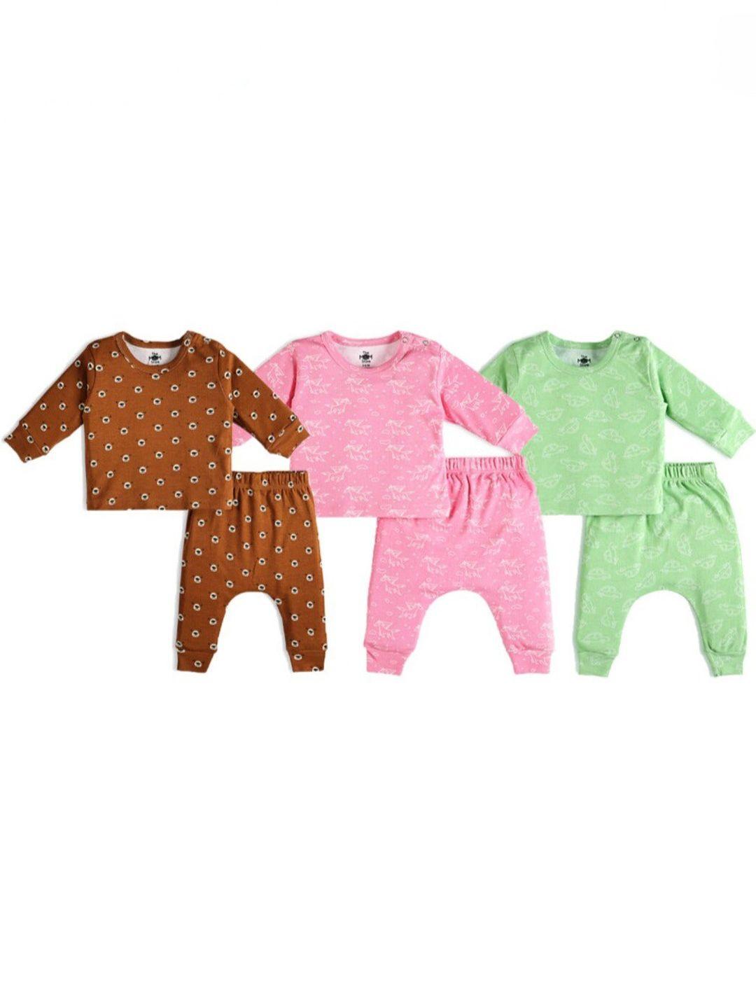 the mom store infants pack of 3 printed pure cotton t-shirt with trousers