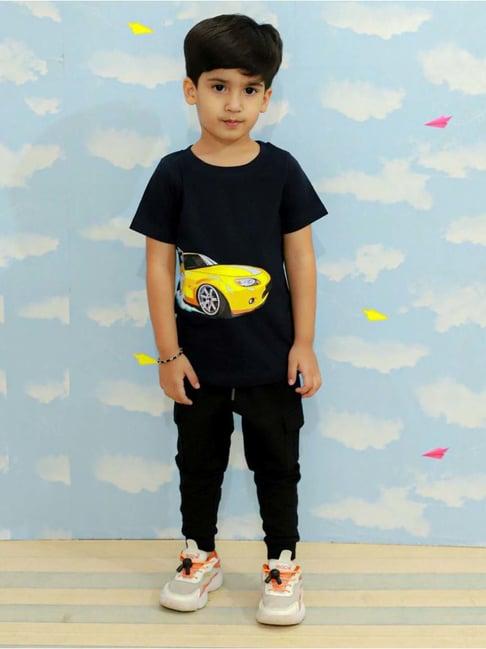 the mom store kids black cotton printed t-shirt set