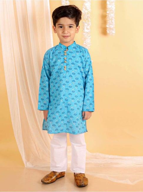 the mom store kids blue & white cotton printed full sleeves kurta set
