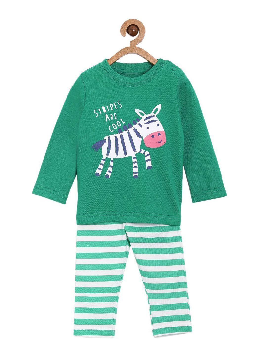 the mom store kids green & white striped pure cotton nightsuit