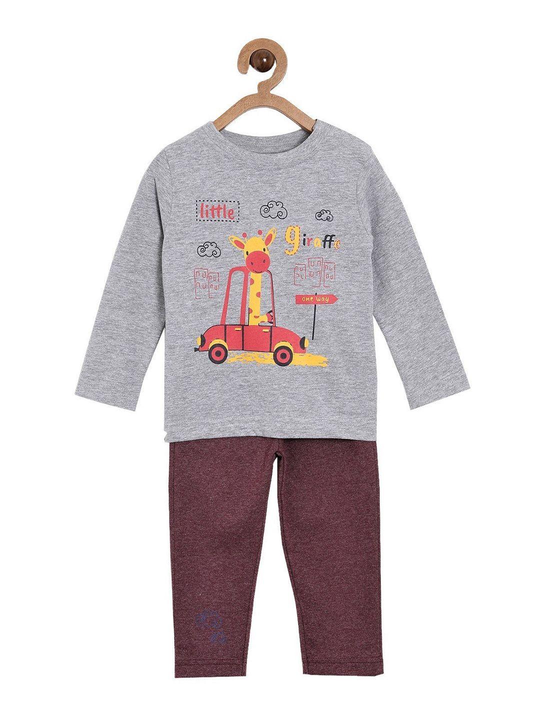 the mom store kids grey & brown printed pure cotton top with pyjamas