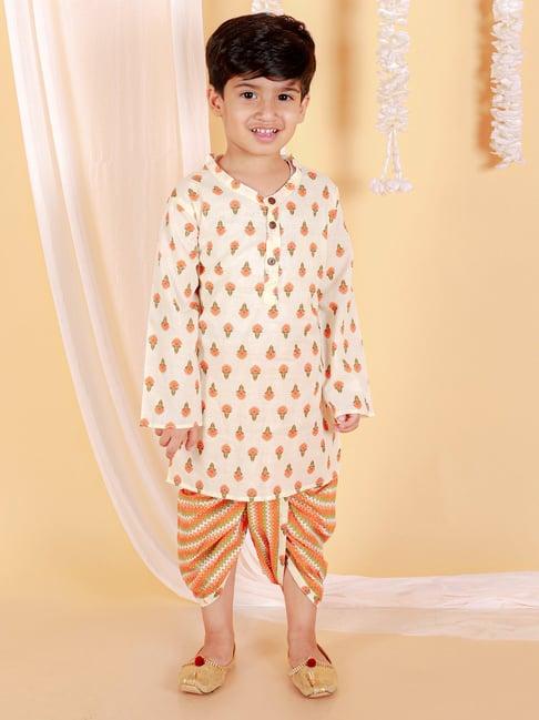 the mom store kids orange & cream floral print full sleeves kurta with dhoti