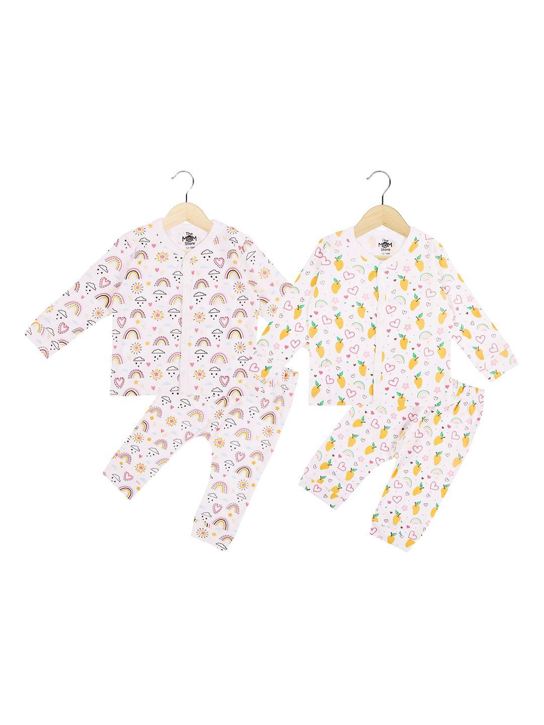 the mom store kids pack of 2 white & yellow printed cotton night suit