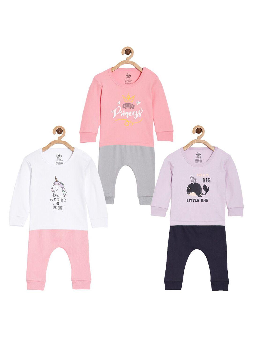 the mom store kids set of 3 printed pure cotton t-shirts with pyjamas