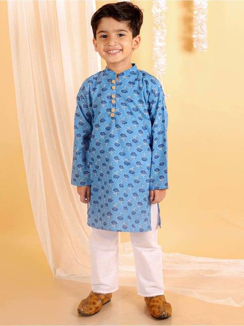 the mom store kids sky blue & white cotton printed full sleeves kurta set