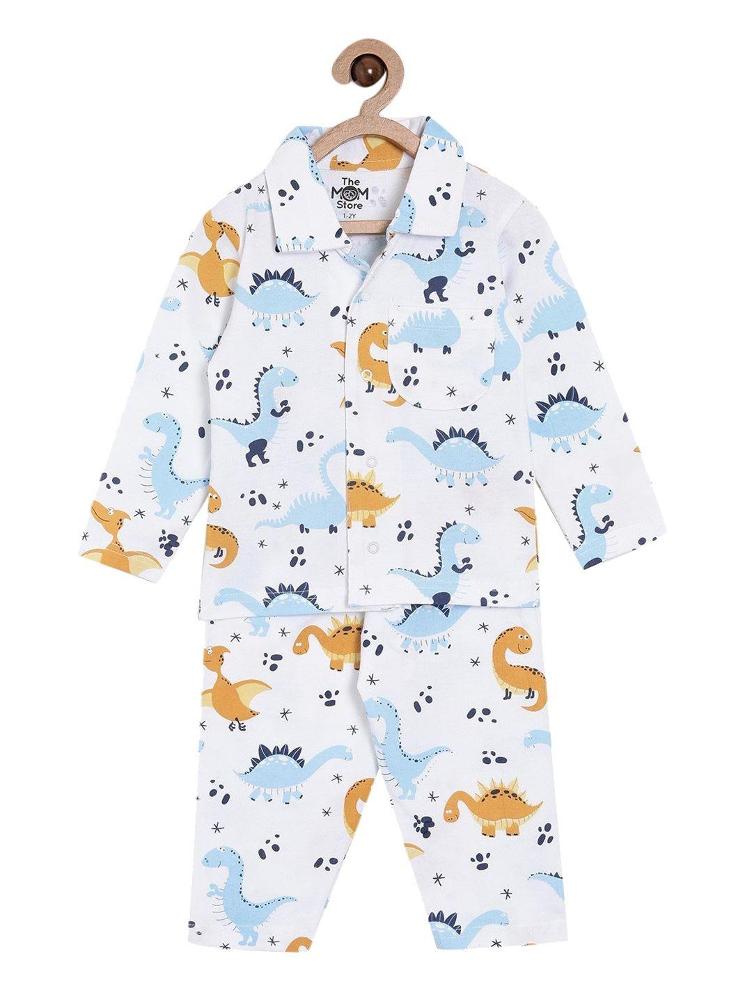 the mom store kids white & blue printed dino trip night suit