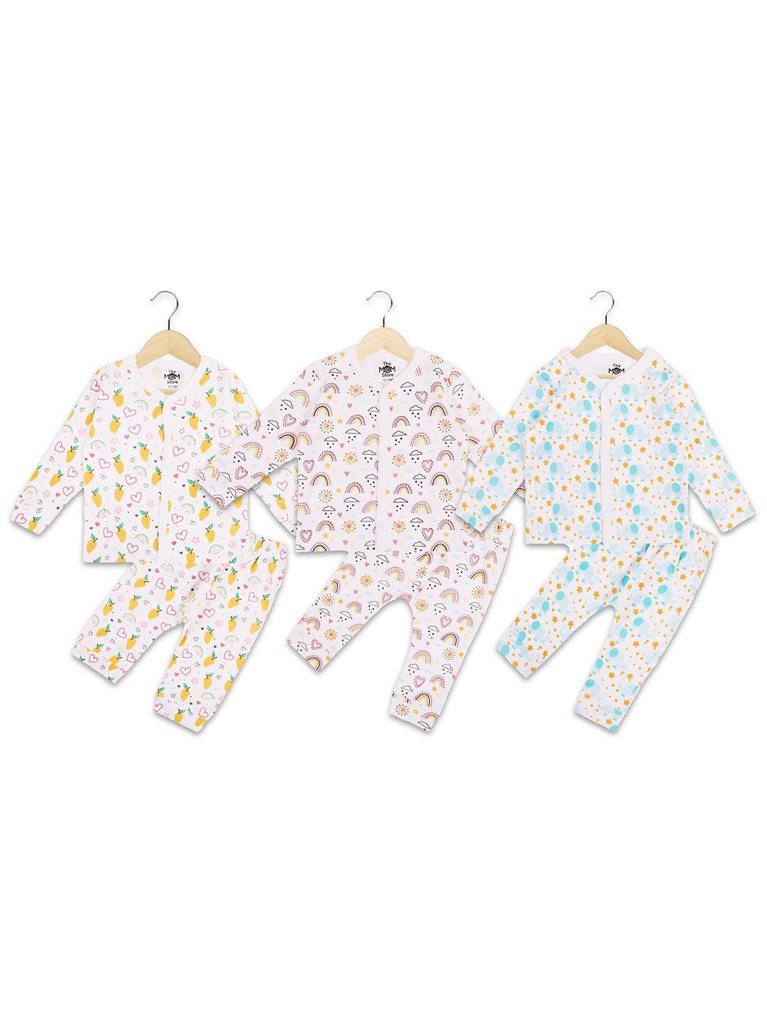 the mom store kids white & blue set of 3 printed cotton clothing set