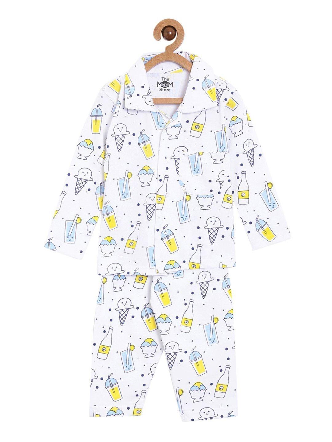 the mom store kids white & yellow printed night suit