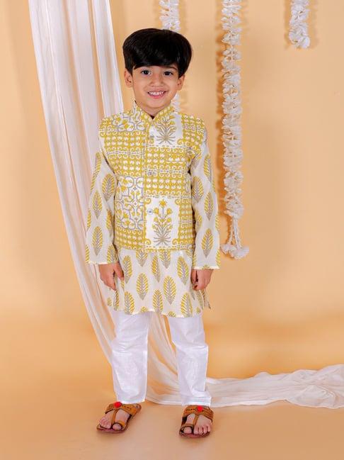 the mom store kids yellow & white floral print full sleeves kurta, pyjamas with jacket