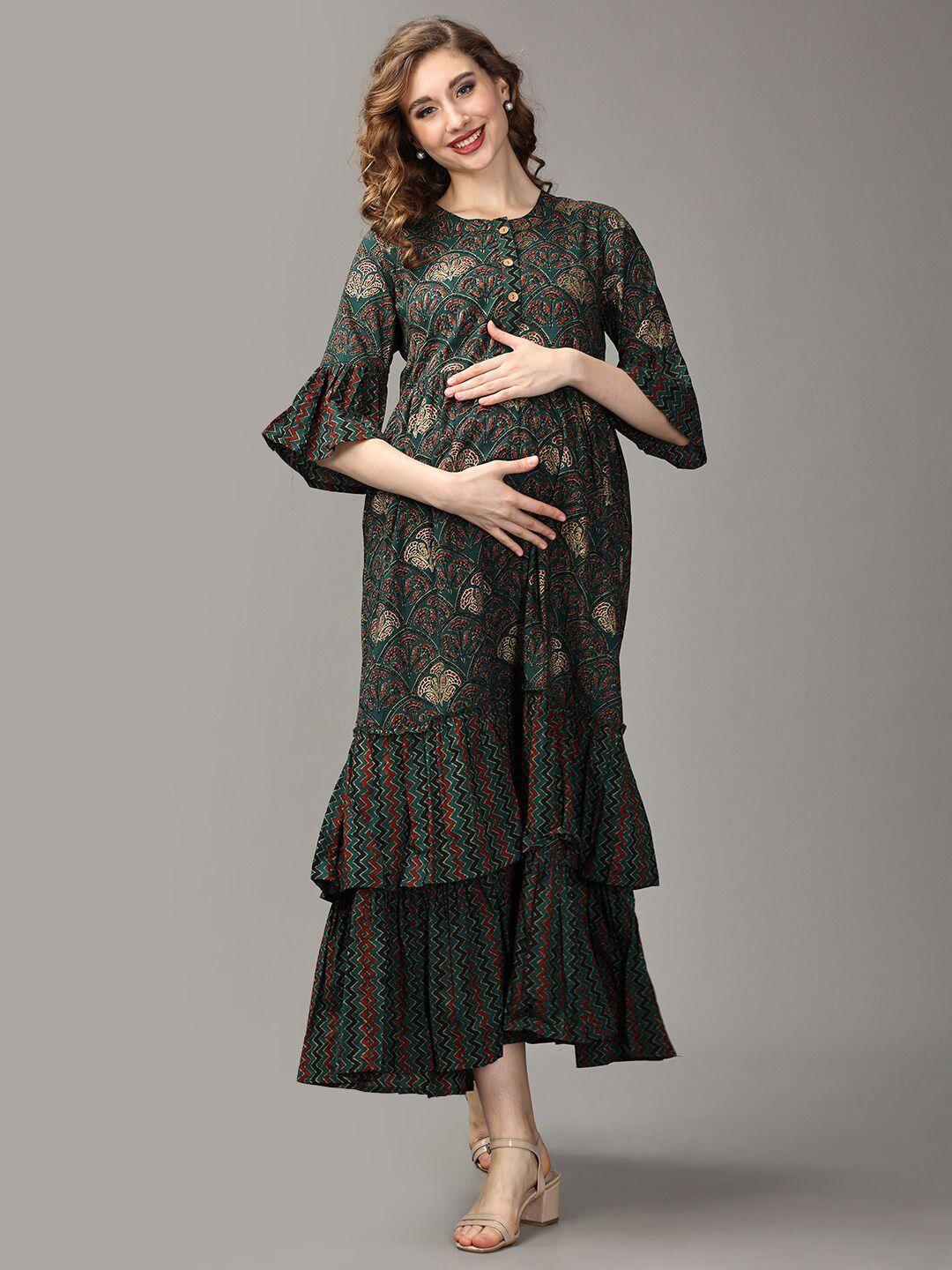 the mom store maternity and nursing ethnic motifs printed bell sleeve cotton maxi dress