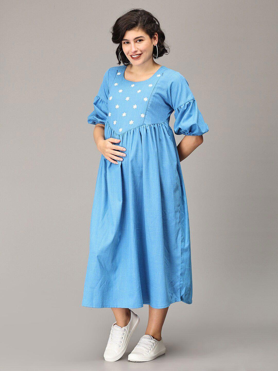 the mom store maternity checked embroidered detail puff sleeves cotton a-line midi dress