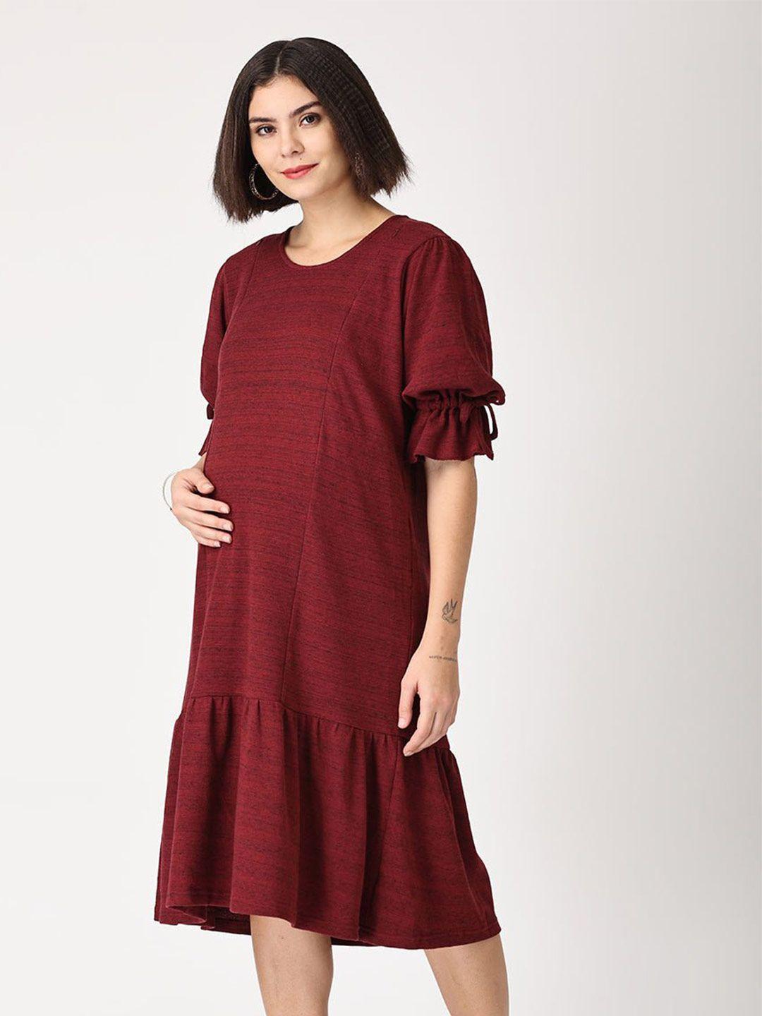 the mom store maternity maroon a-line round neck midi dress