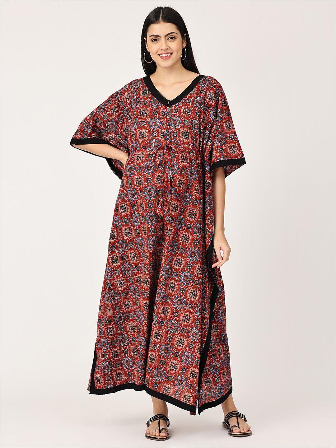 the mom store maternity maroon printed pure cotton nightdress