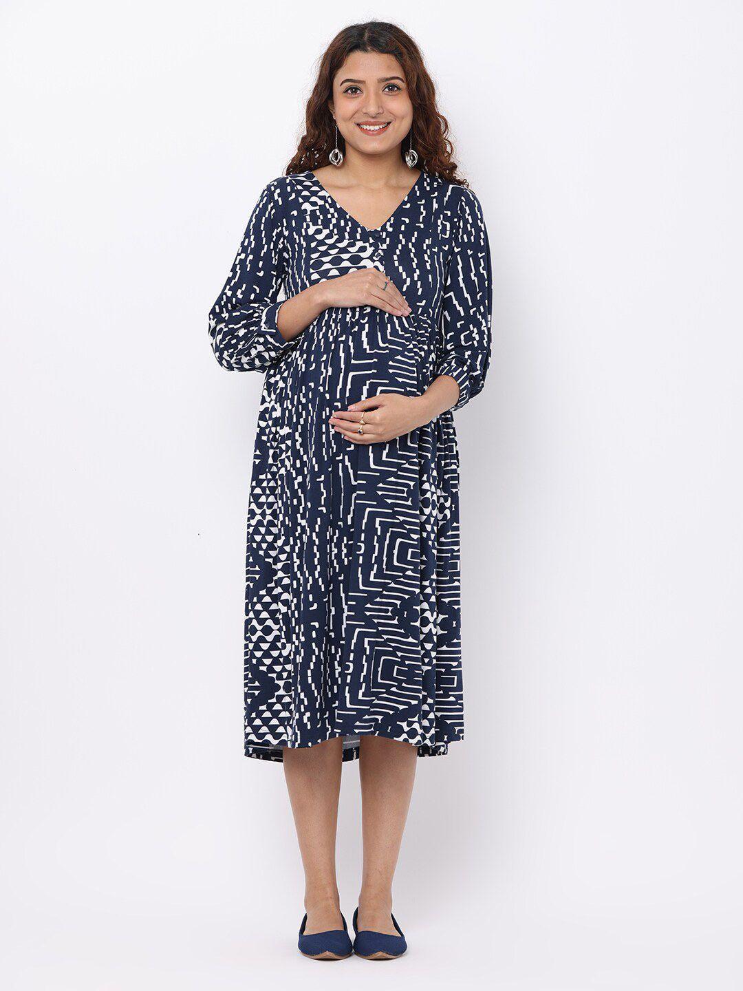 the mom store navy blue & white abstract printed maternity midi dress