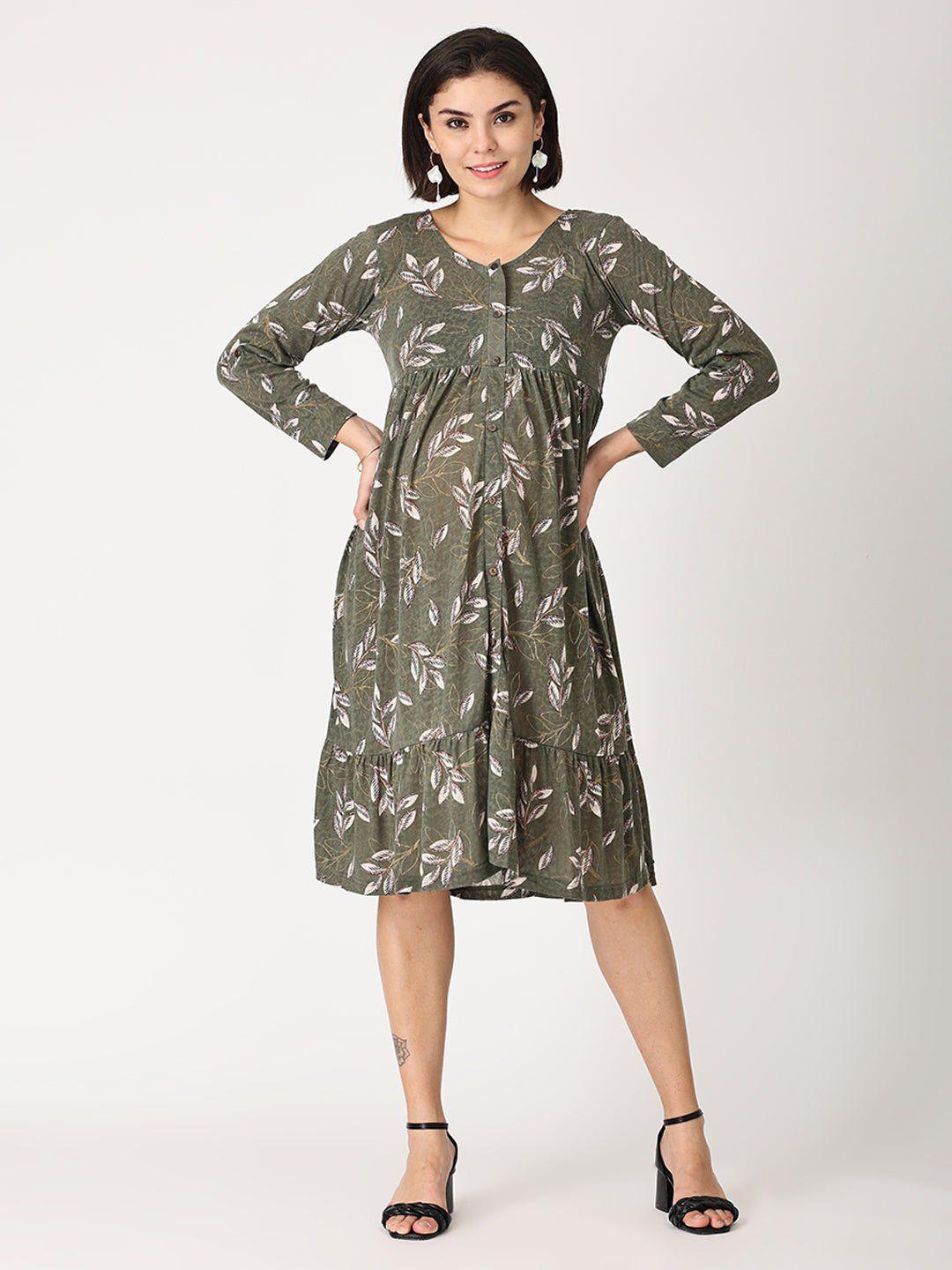the mom store olive green & off white floral printed cotton maternity a-line dress