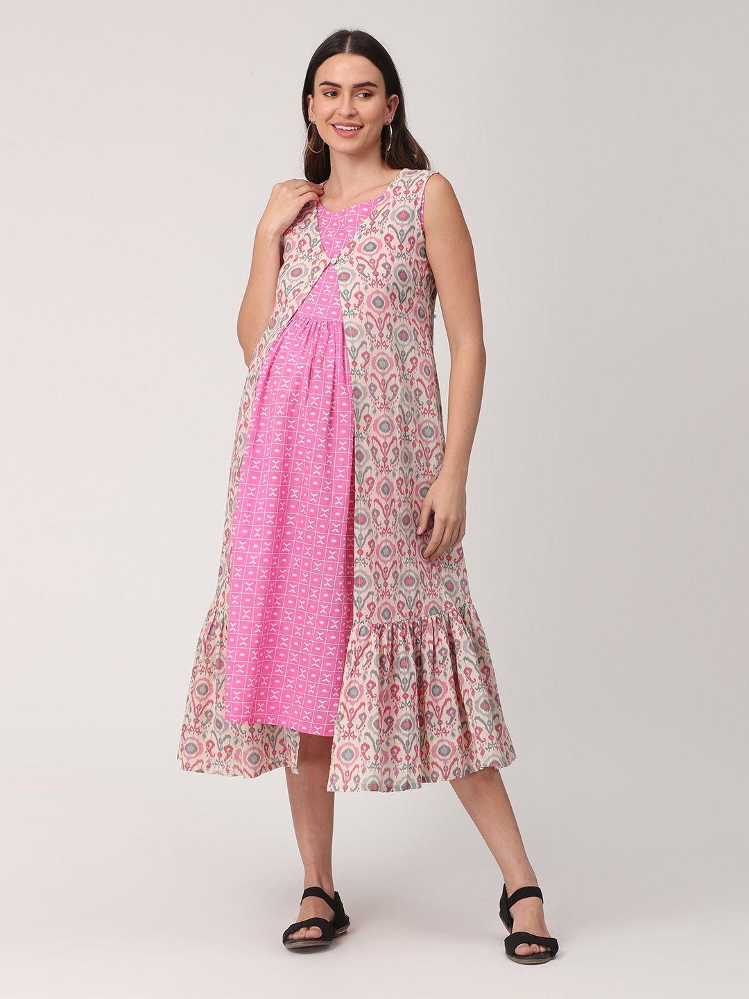 the mom store pink ethnic motifs layered maternity midi dress